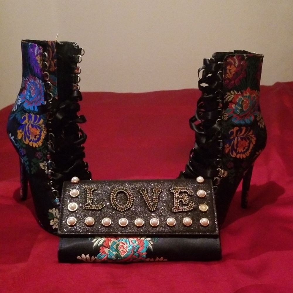 Black Multi Satin Laced Up Ankle Heels/Purse